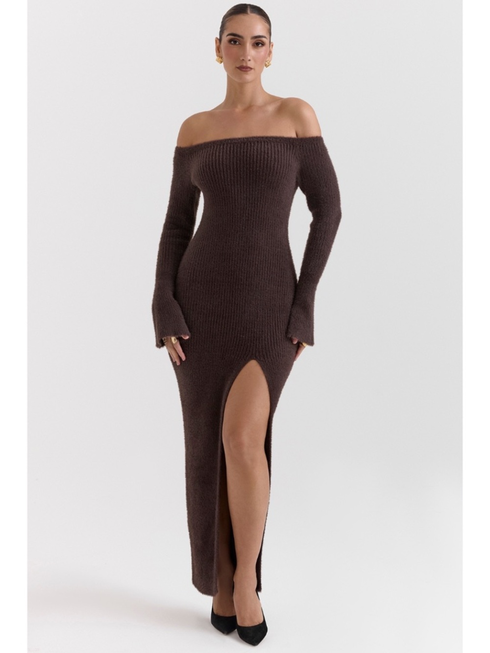 NEW House of CB Lucena Knit Off the Shoulder Dress Grey + Lurex / Espresso Large